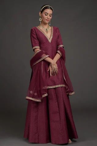 Shop for Talking Threads Wine Brocade Silk Tunic Lehenga Set for Women Online at Aza Fashions Brocade Suits Indian, Banarasi Suit Designs, Brocade Suits, Woven Embroidery, Brocade Lehenga, Anarkali Dress Pattern, Neck Designs For Suits, Embroidered Lehenga, Brocade Dresses