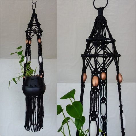 Modern Hanging Planter, Macrame Window Curtain, Witchy Home, Home Dark, Dark Decor, Black Macrame, Macrame Plant Holder, Macrame Hanger, Plant Basket