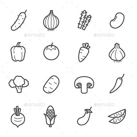 Simple Set of Vegetable icon outline stroke vector illustration on white background. Fully customisable set of icons. #icon #design #art #digitalArt #bean #beetroot #broccoli #cabbage #carrot #chilli #corn #cucumber #eggplant #farm #food #fresh #garlic #green #health #mushroom #natural #nutrition #onion #organic #paprika #pea #peas #pepper #plant #potato #pumpkin #salad #tomato #vegetable Simple Vegetable Drawings, Chilli Tattoo Outline, Broccoli Tattoo, Onion Tattoo, Beans Tattoo, Chilli Tattoo, Onion Drawing, Vegetable Tattoo, Dnd Props