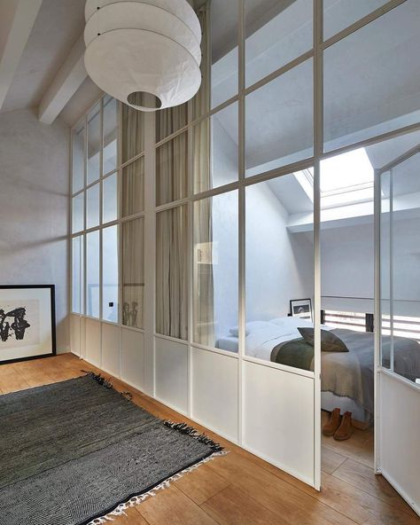 Glazed Partition Wall, Paris Loft Apartment, Interior Glass Partition, Interior Window, Tiny Apartments, 아파트 인테리어, Tiny Apartment, Studio Interior, Interior Architect