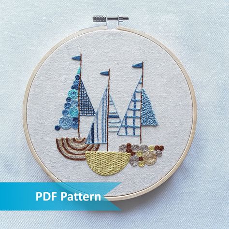 Sail away with this maritime embroidery of three sailing boats. Stitch them as décor for your holiday home or beach hut or give them as a gift to a sea-loving friend. Stitching Info. * Fabric - any cotton or linen fabric in a natural colour. 20cm x 20cm  * Threads - Designed using DMC threads.  Designed to fit in a 6 inch / 15 cm embroidery hoop. Disclaimer. This is an embroidery pattern only. No threads, fabric, needles or extras are included.  All my designs are original and produced from init Bunny Nursery Art, Nautical Embroidery, Denim Bag Patterns, Rabbit Wall Art, Embroidery Tshirt, Floral Embroidery Patterns, Hand Embroidery Videos, Embroidery Patterns Free, Hand Embroidery Design