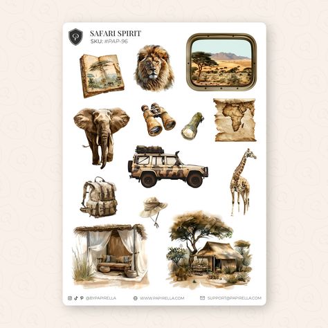 SAFARI SPIRIT Sticker Sheet / Bujo Stickers, Planner Stickers, Aesthetic Journaling, Safari Stickers, Wildlife Stickers, Africa Stickers by Papirella on Etsy Wildlife Stickers, Africa Stickers, Safari Scrapbook, Scrapbook Printing, Safari Park, Travel Stickers, Journal Stickers, Scrapbook Stickers, Aesthetic Stickers