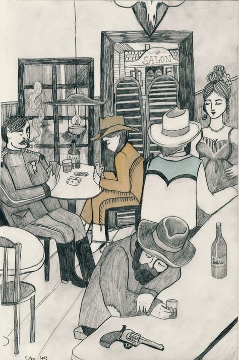 "The Saloon" drawing made by Petra Wester Norgren Saloon Drawing, Line Drawing, Sketch, Male Sketch, Humanoid Sketch, Drawings, Quick Saves, Color, Art