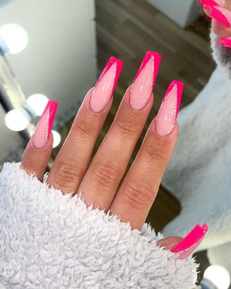 Barbie Pink Nails, Pink Tip Nails, Pink French Nails, May Nails, Pink French, Simple Acrylic Nails, Glow Nails, French Acrylic Nails, Acrylic Nails Coffin Pink