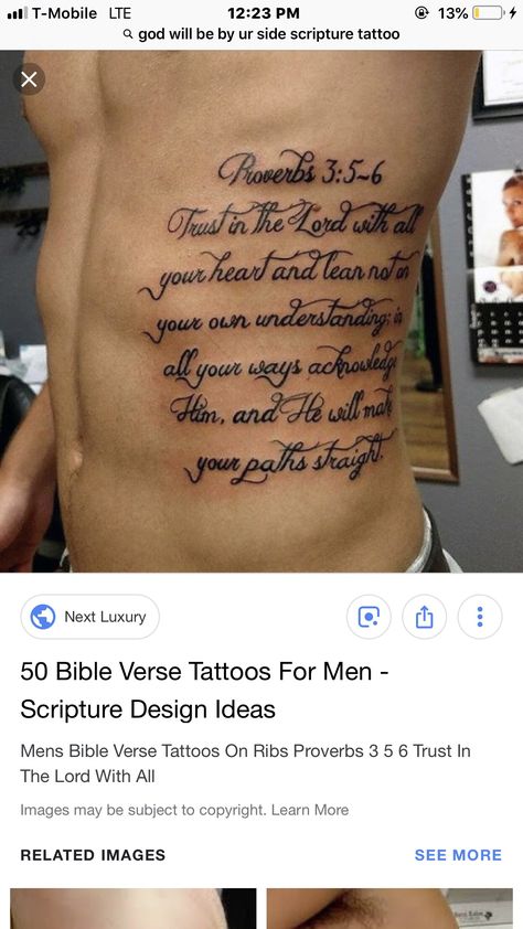 Rib Writing Tattoo Men, Bible Verse Rib Tattoo, Bible Scriptures Tattoos For Men, Bible Verse Tattoos For Men, Bible Scripture Tattoos, Rib Tats, Good Bible Verses, Star Sleeve Tattoo, Bible Quote Tattoos