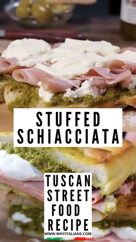 Indulge in the magic of Tuscan street food with my stuffed Schiacciata recipe. Filled with mortadella, burrata, and homemade pistachio cream, it’s truly delightful. Click through for the recipe and save this pin to impress at your next dinner party! Schiatta Bread, Mortadella Recipe, Yummy Sandwiches, Italian Street Food, Food Magic, Italian Cafe, Pistachio Cream, Quick Bite, Easy Family Meals