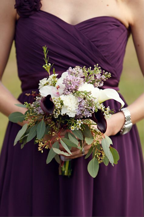 Plum bridesmaid dress with lilac and white bouquet | Avant Images via Every Last Detail Plum Purple Wedding, Purple And Green Wedding, Plum Bridesmaid Dresses, Lavender Bridesmaid, Plum Wedding, Wedding Colors Purple, Purple Bridesmaids, Purple Wedding Flowers, Red Bridesmaids