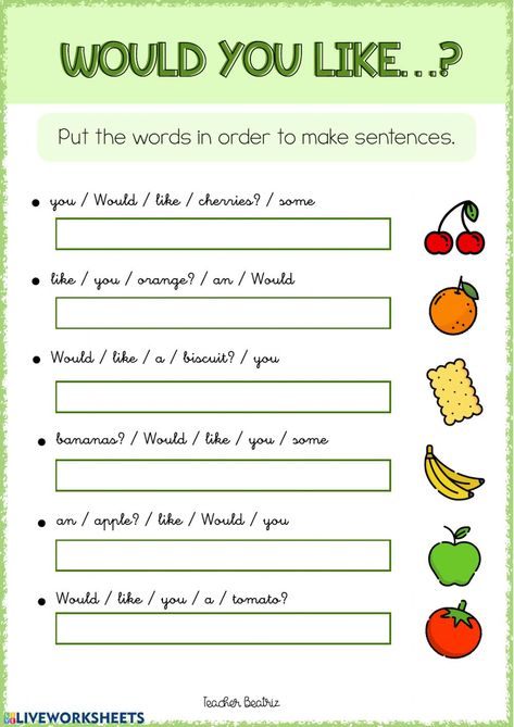 Would you like...? Interactive worksheet Would Like To, Would You Like Worksheets, Simple Present Tense Worksheets, English Primary School, Materi Bahasa Inggris, English Grammar Exercises, English Grammar For Kids, Meaningful Sentences, Would You