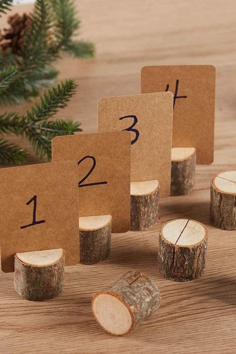 Wooden Name Holders Wedding, Wood Table Card Holders, Rustic Table Decor Party, Log Table Numbers, Forest Wedding Table Decorations, Table Numbers For Restaurant, Rustic Theme Party Table Decorations, Table Numbers Holders, Wooden Table Number Holders