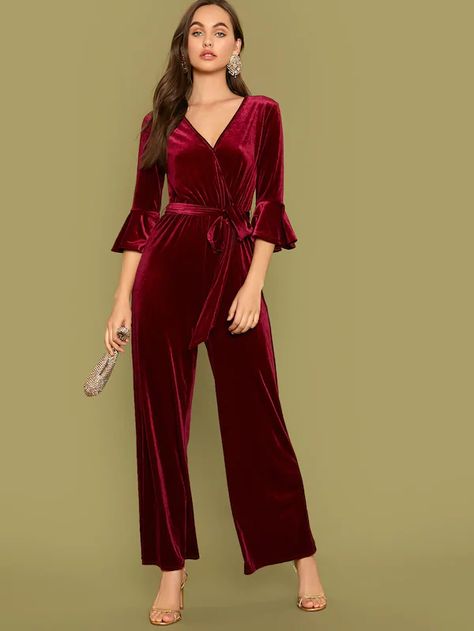 Self Belted Flounce Sleeve Wide Leg Velvet Jumpsuit | SHEIN USA Velvet Jumpsuit Outfit, Style Inspiration Grunge, Burgundy Jumpsuit, Fashion Dresses Formal, Velvet Jumpsuit, Designer Jumpsuits, Velvet Fashion, Flounce Sleeve, Jumpsuit Fashion