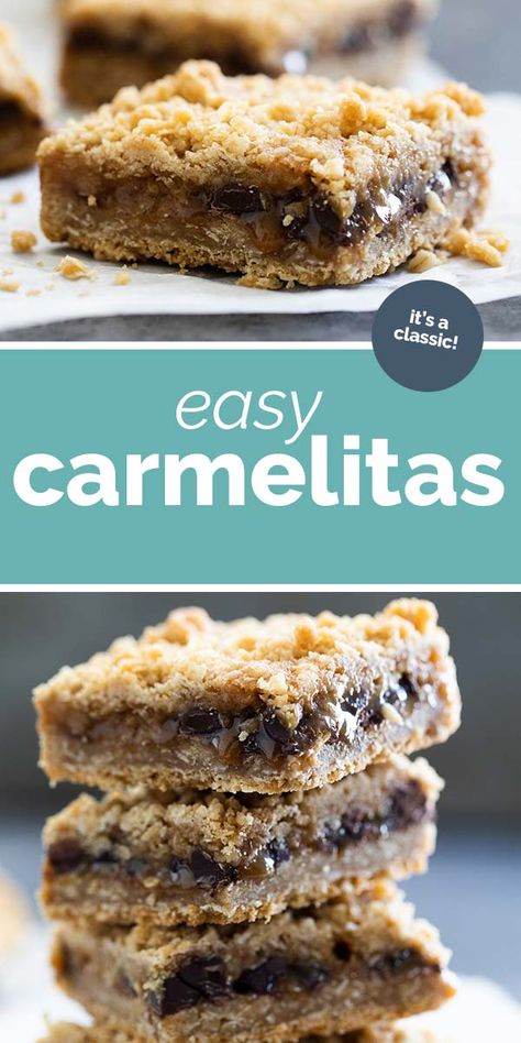 So delicious - these Carmelitas have gooey caramel and chocolate pressed between two oatmeal layers. You won’t believe how easy they are, either! #caramel #cookiebars #dessert Caramel Slices, Caramel Dessert, Taste And Tell, Smores Dessert, Authentic Mexican Recipes, Potluck Desserts, Gooey Caramel, Mexican Dessert Recipes, Mexican Dessert