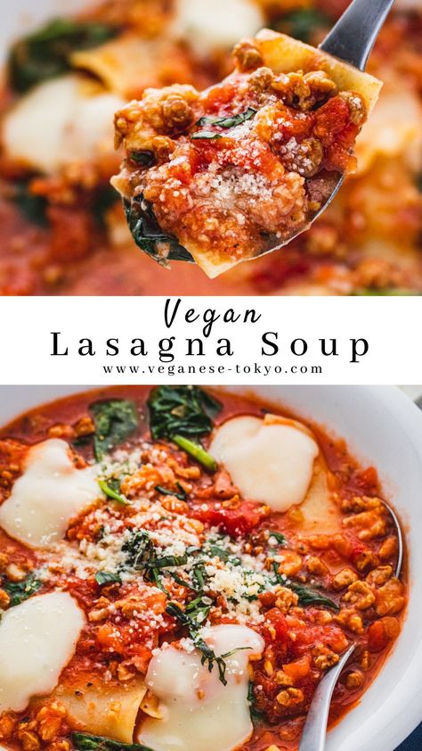 This is an easy one-pot recipe for Vegan Lasagna Soup. It has all the classic flavors of a lasagna, in the form of a hearty soup. All you need are basic pantry ingredients and 25 minutes to make this comforting soup! Lasagna soup is meaty, cheese, and oh-so-cozy. It’s a perfect bowl of deliciousness to keep you warm during the cold winter nights! Pantry Vegan Meals, Vegan Lasagna Soup Recipe, Vegan Winter Soup Recipes, Vegetarian Winter Dinner, Lasagna Soup Vegan, Winter Vegan Recipes, Vegan Lasagna Soup, Vegetarian Lasagna Soup, Vegan Groceries