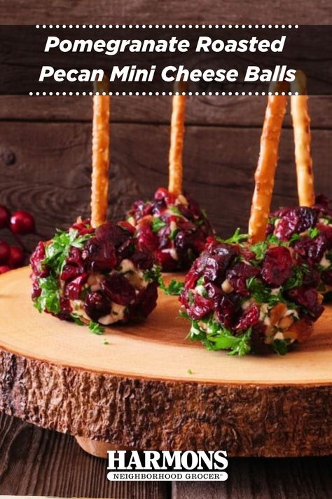 Harmons Grocery Recipe ❄️ You will need... 4 oz goat cheese 2 oz cream cheese 1/2 Tbsp pomegranate seeds chopped 1 Tbsp roasted pecans chopped 1/4 cup Promatory cheddar cheese shredded 1/2 tsp garlic powder 1/2 Tbsp chives chopped extra for coating, pecans extra for coating, pomegranate seeds #MyHarmons #utah #pomegranate #cheeseballs #roastedpecans #pecans #christmas #sides #bite #recipe #cheese Pomegranate Christmas Cheese Ball, Pomegranate Cheese Ball, Mini Cheese Balls, Christmas Sides, Christmas Cheese, Cocktail Party Food, Roasted Pecans, Cheese Ball Recipes, Thanksgiving Dishes