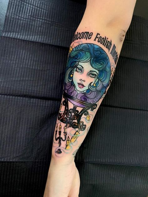 Haunted Mansion Madame Leota Tattoo, Disney Skull Tattoos, Haunted Mansion Tattoo Ideas, Madam Leota Tattoo, Haunted Mansion Tattoos, Madame Leota Tattoo, Disney Haunted Mansion Tattoo, Disney Halloween Tattoos, Halloweentown Tattoo