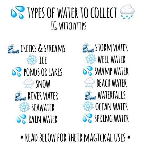 218 Likes, 13 Comments - ✨ Witchy Tips ✨ (@witchytips) on Instagram: “ Creeks&Streams: purification, harmony, cleansing.  Ice: transformation, balance, creativity. …” Sea Witch Spells, Rain Water Witchcraft, Water Witchcraft, Magic Tools, Witch Things, Witch Board, Water Witch, Witchy Tips, Grimoire Book