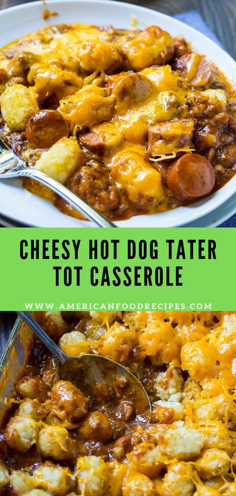 Cheesy Hot Dog Tater Tot Casserole - Recipe By Mom Cheesy Hot Dog Tater Tot Casserole, Easy American Dinners, Hot Dog Meals, Hot Dog Tater Tot Casserole, Hot Dogs Chili, Hot Dog Casserole, Dinner List, Tater Tot Recipes, Tot Casserole