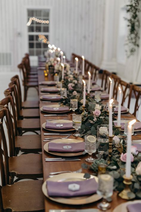 Head table eucalyptus garland with lavender and white flowers and taper candles at The White Sparrow.  Megan Kay Photography. Head Table Taper Candles, Head Table Eucalyptus, Purple Wedding Tables, Garland Centerpiece, White Barn Wedding, Spring Lunch, Color Inspiration Boards, Purple And Green Wedding, White Sparrow