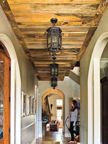 Love the reclaimed wood on the ceiling! It's all about the details. Reclaimed Wood Ceiling, Pallet Ceiling, Family Room Fireplace, Be Design, Entry Hallway, Salvaged Wood, Wood Ceilings, The Ceiling, Outdoor Lanterns