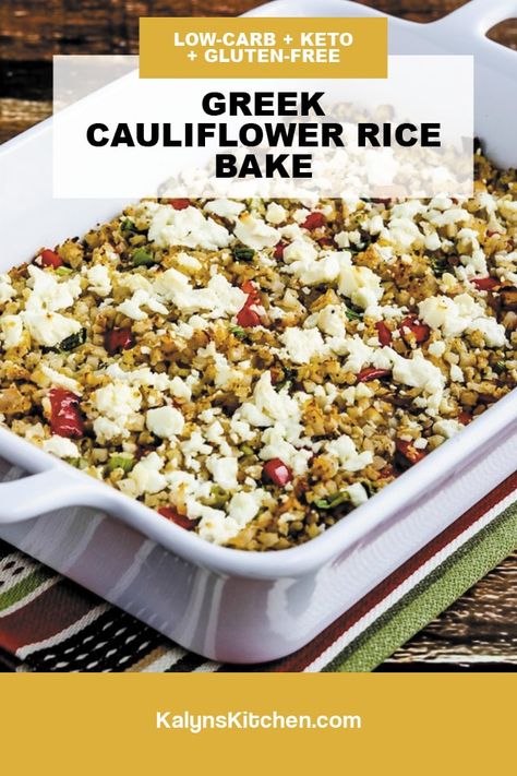 This Greek Cauliflower Rice Bake with Red Pepper, Onions, and Feta is a perfect low-carb side dish for any meal with Greek Flavors! [found on KalynsKitchen.com] #CauliflowerRice #GreekCauliflowerRice #CauliflowerRiceBake Cauliflower Rice Bake, Greek Cauliflower Rice, Greek Cauliflower, Cauliflower Rice Casserole, Rice Bake, Cauliflower Rice Recipes, Meatless Main Dishes, Greek Flavors, Christmas Hats