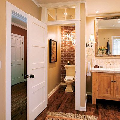 Toilet Nook, Open Concept Bathroom, Brick Bathroom, Toilet Closet, Toilet Room, Water Closet, Small Remodel, Transom Windows, Trendy Bathroom