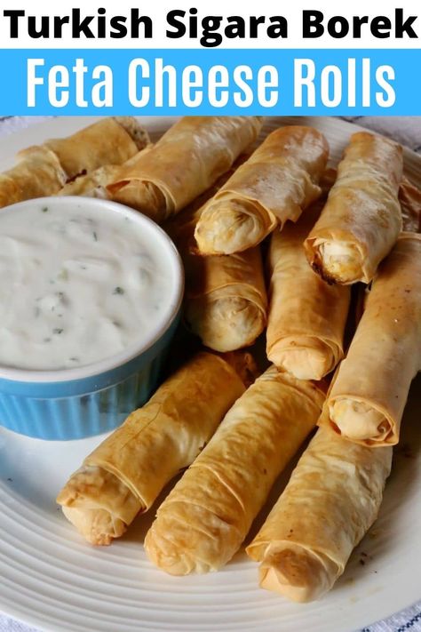 Turkish Cheese Rolls, Cheese Borek Recipe Turkish, Turkish Cigars Recipe, Feta Cigars, Feta Phyllo Rolls, Borek Recipe Turkish, Filo Dough Recipes, Phyllo Feta, Filo Rolls