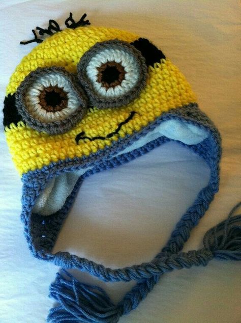 Minion Crochet Hat, Minion Hat, Crochet Character Hats, Minion Hats, Minion Crochet, Crochet Kids Hats, Hat Patterns Free, Crochet Eyes, Earflap Hat