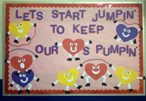 Jump rope for heart bulletin board Health And Pe Bulletin Board, Pe Door Decorations Physical Education, Heart Healthy Bulletin Board Ideas, Physical Health Bulletin Board, Exercise Bulletin Board Ideas, Exercise Bulletin Board, Jump Rope For Heart, Elementary Pe Bulletin Boards, Fitness Bulletin Board