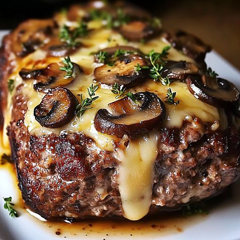 Delicious Mushroom Swiss Cheese Meatloaf Recipe Bacon Mushroom Swiss Cheese Meatloaf Recipe, Meatloaf Recipes With Cream Of Mushroom Soup, Swiss Mushroom Meatloaf, Meatloaf With Mushrooms Recipes, Mushroom Stuffed Meatloaf, Mushroom And Swiss Meatloaf, Mushroom Swiss Meatloaf, Meatloaf No Ketchup, Moose Meatloaf