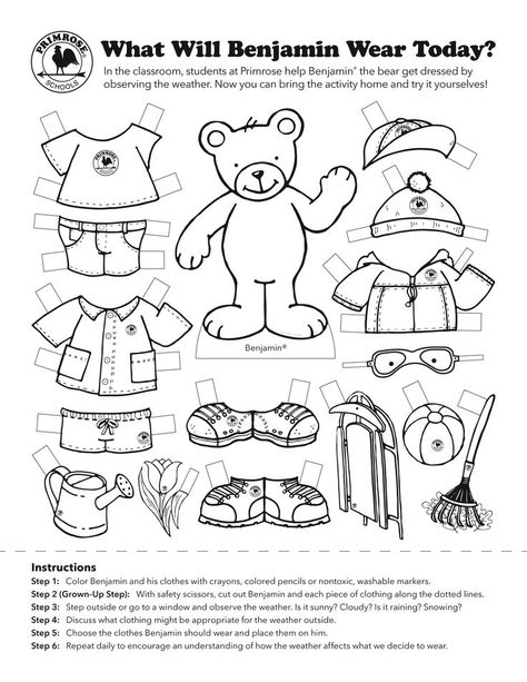 In the classroom, our weather expert Benjamin® the bear helps children observe the weather that day, then they help him get dressed appropriately. Now you can use this curriculum-based exercise at home! Just print this pin and follow the instructions to help your little one practice their weather wits. Weather Bear Printable Free, Teddy Bear Day, Exercise At Home, Busy Boxes, Free Printable Games, Printable Kids, Printable Activities For Kids, Fall Printables, Kids Activity