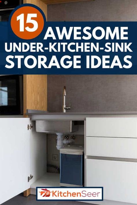 Opened kitchen cabinet with sink and installed garbage bin. There are DIY organizing ideas available all over the internet but in this post, you can find some of the cheapest items for you to start storing items under the sink. If you want to utilize the overall area under the sink you can use the Dollar Tree organization idea, this utilizes all of the space under the sink without turning it into a warehouse. Trash Bin Under Kitchen Sink, Under Sink Cabinet Kitchen, Under Sink Bin, Under Kitchen Sink Storage Ideas, Storage Ideas For Kitchen, Opened Kitchen, Sink Storage Ideas, Under Sink Storage Ideas, Diy Organizing Ideas