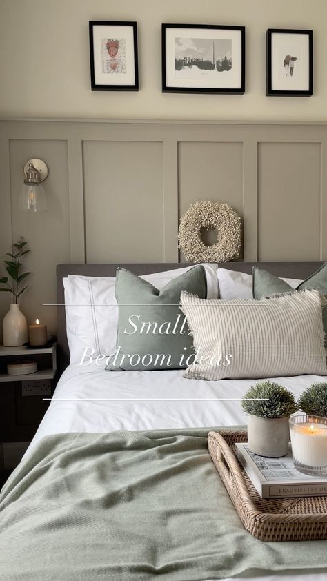 Green Guest Room Inspiration, Mushroom Colour Panelling, Green And Grey Panelling Bedroom, Light Coloured Bedroom Ideas, Guest Bedroom Paneling, Bedside Shelves Ideas, Bedside Wall Lights On Panelling, Light Green Panelling Bedroom, Bedroom Panelling With Wall Lights