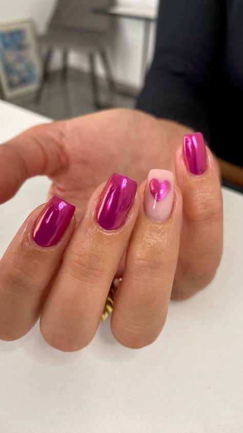 Short Valentines Day Nails Chrome, Chrome Valentines Nails, Valentine Chrome Nails, Valentines Day Nails Crome, Chrome Valentines Day Nails, Valentines Chrome Nails, Chrome Valentine Nails, Pink Chrome Nails, Pink Chrome