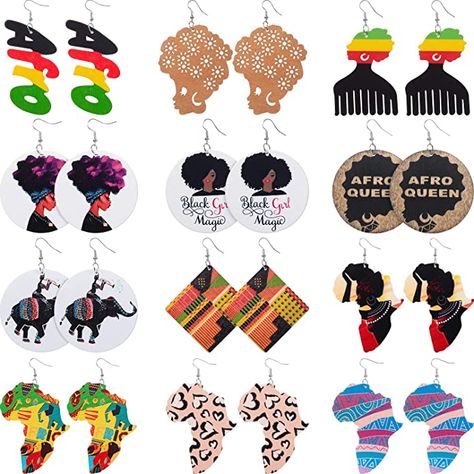 Amazon.com: 12 Pairs African Map Wooden Earrings African Women Dangle Earrings Natural Ethnic Earrings (African Afro Styles): Clothing, Shoes & Jewelry Map Wood, African Map, Afro Style, African Earrings, Painted Earrings, Exotic Fashion, Women Earrings, Ethnic Earrings, African Elephant