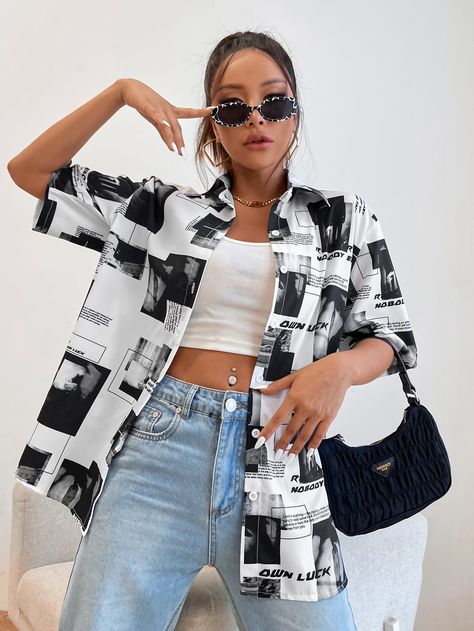 Graphic Blouse Outfit, How To Style Vintage Shirts For Women, White Printed Shirt Outfit, Half Sleeve Shirt Women Outfit, Half Shirt Outfits Women, Half Shirt Outfits, How To Style Vintage Shirts, Cute Concert Outfits Summer, Black And White Shirt Outfit