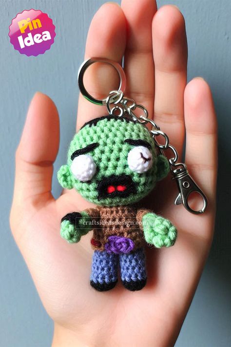 Zombie Amigurumi Zombie Crochet, Tattered Clothes, Bubble Crochet, Crochet Zombie, Halloween Amigurumi, Amigurumi Keychain, Crochet Accessory, Green Skin, Crochet Animals Free Patterns