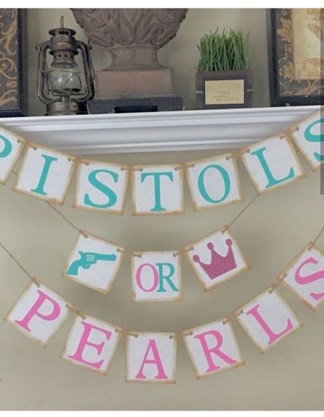 Pistols or Pearls Gender Reveal theme Staches Or Lashes, Baby Reveal Ideas, Gender Reveal Party Food, Gender Reveal Box, Baby Reveal Party, Gender Party, Gender Reveals, Baby Gender Reveal Party, Food Party