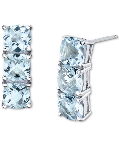 Trios of sparkling cushion-cut aquamarines are arranged in a vertical pattern to create these elegant stud earrings. Aqua Marina, Aquamarine Studs, Vertical Pattern, White Gold Earrings Studs, White Gold Studs, Aquamarine Jewelry, Silver Jewelry Fashion, White Gold Jewelry, Gold Studs