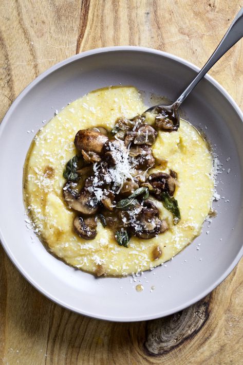 Polenta and Mushrooms (with sage and butter) | CucinaByElena Mushrooms And Polenta, Mushrooms Polenta, Polenta Mushroom, Italian Sunday Dinner, Vegetable Based Meals, Sandys Kitchen, Winter Dinner Ideas, Mushroom Polenta, Sage Butter Sauce