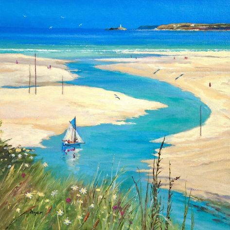 🌟 Saturday Showcase! 🌟 'High Summer, Hayle Sands', 14x14 inches oil on canvas. Painting by Cornish Artist Ted Dyer. Cornish Art from our Cornwall Art Gallery A remarkable oil painting by the esteemed British artist Ted Dyer (b.1940). ✨ Let us know in the comments what memories or emotions this timeless painting evokes for you. 🎨 🖼️ Now, you can bring this stunning painting into your home for only £2275.00. Or choose #OwnArt 0% UK finance and pay over 10 months with just a 5% deposit. Ele... Cornwall Painting, Godrevy Lighthouse, Cornwall Art, Hayle Cornwall, Anthony Head, British Paints, John Dyer, Art Criticism, Boat Sailing