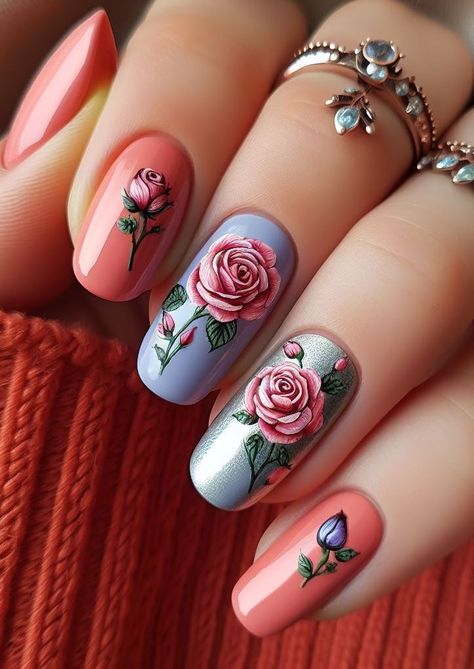 Pastel roses on your nails? Yes, please! This delicate design is perfect for a chic and serene look. Rose On Nails, Rose Nail Art Designs, Rose Nail Design, Navy Blue Nails, Rose Nail Art, Golden Copper, Pastel Roses, Rose Nails, Copper Rose