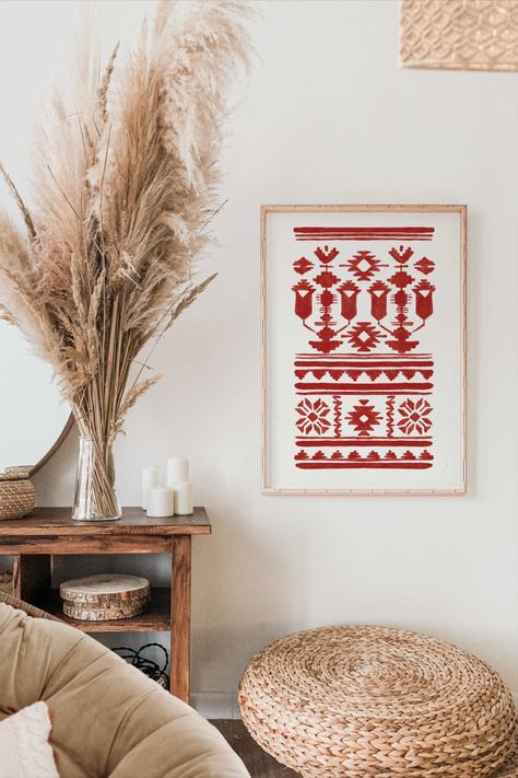 A hand-drawn illustration printed on natural matte fine art paper (240gsm) that produces rich, vibrant colour contrast for a true quality piece of art. The ornament from Krolevets woven towel in red on white, "home keeper", protect the home and brings abundance. Ukrainian Decor, Ukrainian Flowers, Folk Art Prints, European Folk Art, Ukrainian Style, Wall Art Dorm, Colour Contrast, White Home, Eastern European