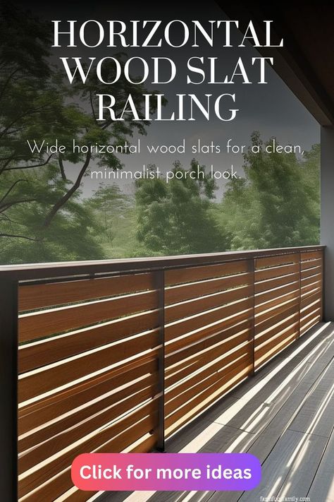 A modern, minimalist porch with wide horizontal wood slats as railings, creating clean lines and a warm, contemporary look. Hog Wire Deck Railing Ideas, Modern Porch Railing, Deck Railing Ideas Diy, Diy Porch Railing, Unique Deck Railing Ideas, Front Porch Railing Ideas, Porch Railing Ideas, Deck Railing Diy, Pallet Porch