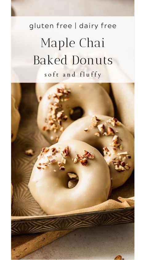 Soft and fluffy gluten free and dairy free chai donuts with sweet maple glaze. #Fall #chai #Fallrecipes #donuts #glutenfreedonuts #bakedonuts #donutrecipes Chai Desserts, Vegan Gluten Free Desserts, Energy Ball Recipe, Gluten Free Donuts, Gluten And Dairy Free, Maple Glaze, Baked Donuts, Classic Desserts, Donut Recipes