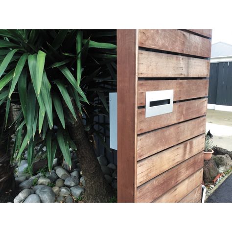 Modern Wood Fence Vertical, Concrete And Wood Fence Modern, Contemporary Mailboxes Stone, Black Timber Front Fence, Contemporary Mailboxes The Home Depot, Mailbox On House, Mailbox Installation, Modern Mailbox Design, Low Fence