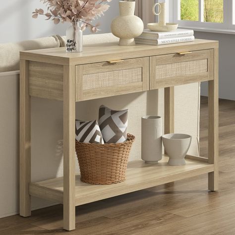 Surmoby Wooden Boho Console Table with Rattan Drawers, Entryway Hall Table, Light Oak - Walmart.com Console Table Natural, Entryway Bench With Table, Coastal Sofa Table Behind Couch, Small Entey Table, Tall Entry Table, Entryway Decor Small Narrow Hallways, Stair Landing Table, Entryway Table With Drawers, Coastal Foyer Entryway