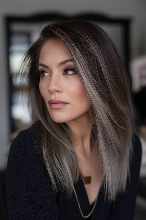 Grey With Dark Roots, Dark Roots Blonde Money Piece, Grey Cover Up For Dark Hair, Grey Blend Brunette, House Of Colour Winter Hair, Brown Grey Ombre Hair, Light Grey Hair Color, Blending Grey Hair With Dark Brown Hair, Dark Roots Grey Hair