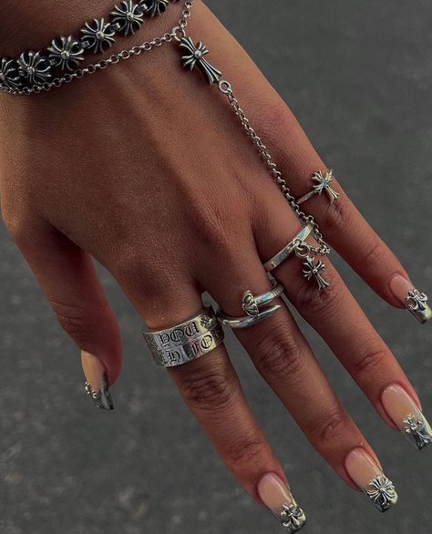 Chrome Rings, Chrome Hearts Jewelry, Chrome Hearts Ring, Ethereal Jewelry, Nails Accessories, Dope Jewelry Accessories, Rings And Bracelets, Nails Chrome, Heart Accessories