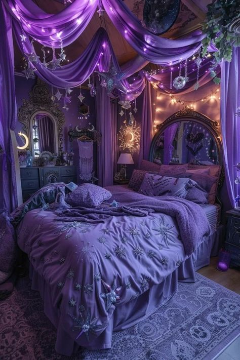 Purple Witchy Bedroom Ideas, Purple Whimsigoth Bedroom, Purple Witchy Bedroom, Magic Room Aesthetic, Fantasy Room Ideas, Mystical Bedroom Ideas, Moon Room Aesthetic, Star Room Aesthetic, Purple Room Decor Ideas