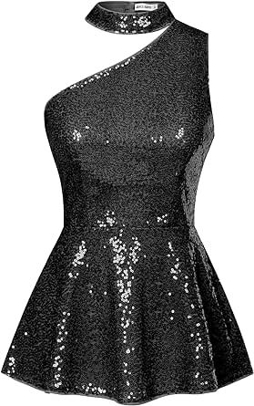 GRACE KARIN Women's Sparkly Sequin Tops Sleeveless Slim Fit Glitter Cocktail Blouse Sparkle One Shoulder Club Party Shirts Black Glitter Top, Sparkly Sequin Top, Black Party Tops, Cocktail Blouse, Sequin Peplum Top, Clubwear Tops, Kimono Sleeve Top, White Sheer Top, Sparkly Party