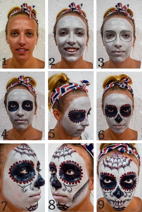 Quick & Easy Mexican Day of the Dead or Halloween Skull Mask Tutorial Day Of Dead Costume, Muertos Makeup, Halloween Makeup Sugar Skull, Mexican Halloween, Meme Costume, Halloween Make-up Looks, Den Mrtvých, Mexican Day Of The Dead, Dead Makeup